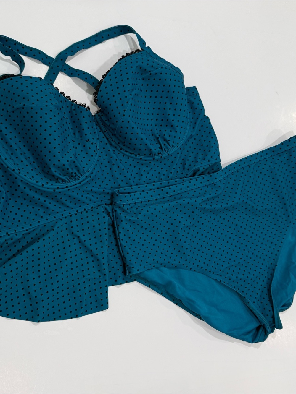 Terra & Sky Teal Black Polka Dot Peplum Two Piece Swimsuit Size 3X Beach Vacay - Picture 2 of 9